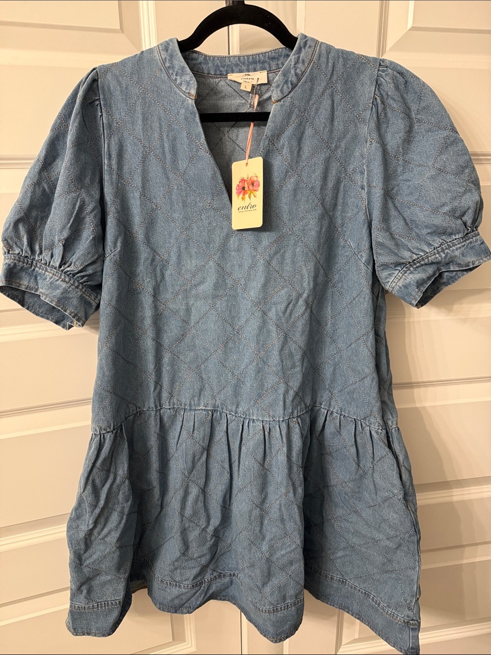 NWT Entro Light Blue Embroidered Chambray Mini Dress with pockets!